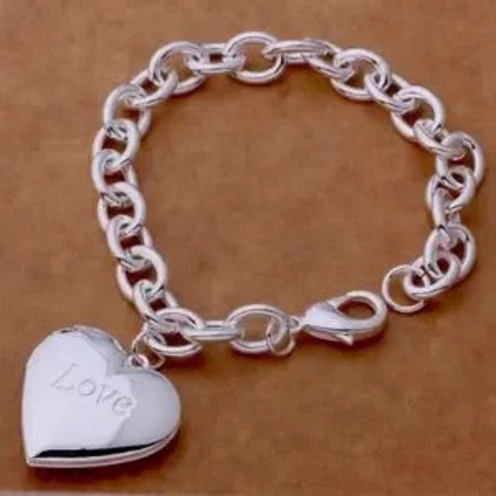 Silver Chunky Love Heart Pendant Bracelet